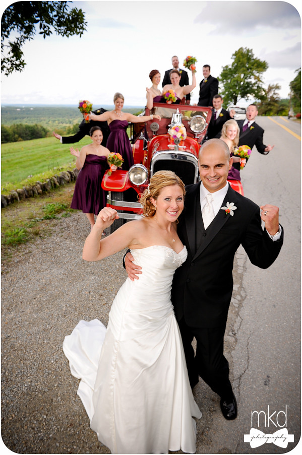 Bridal Party on a vintage red fire engine - Harvard, MA