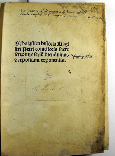Provenance inscription on title-page of Petrus Comestor: Historia scholastica