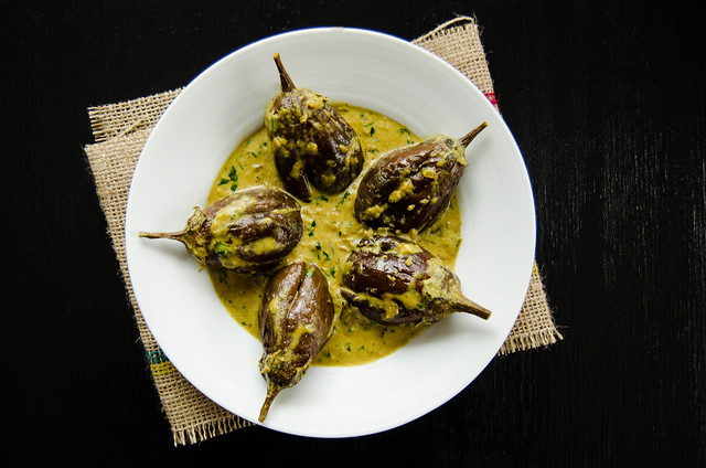 Bagara Baingan - Baby Aubergines/ Eggplants in a Hyderabadi Peanut Sauce