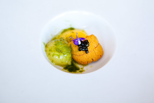 Part of Course 1: Uni, Osetra paddlefish caviar, smoked butternut squash, lovage and tarragon