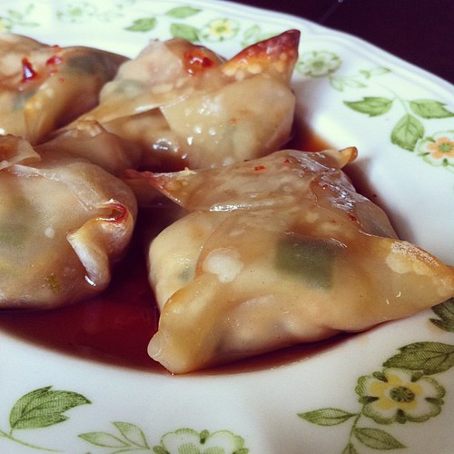 Finished. Baked Chicken Potstickers with Sweet Asian dipping sauce. So good!