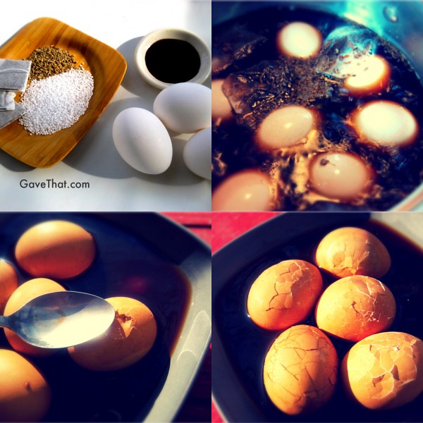 Steps to making traditional Asian Marbled Tea Eggs using hard boiled eggs dark soy sauce black tea bags sea salt anise seed spice