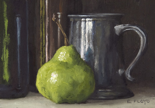 Still Life with Pear, Pewter Mug, and Bottles