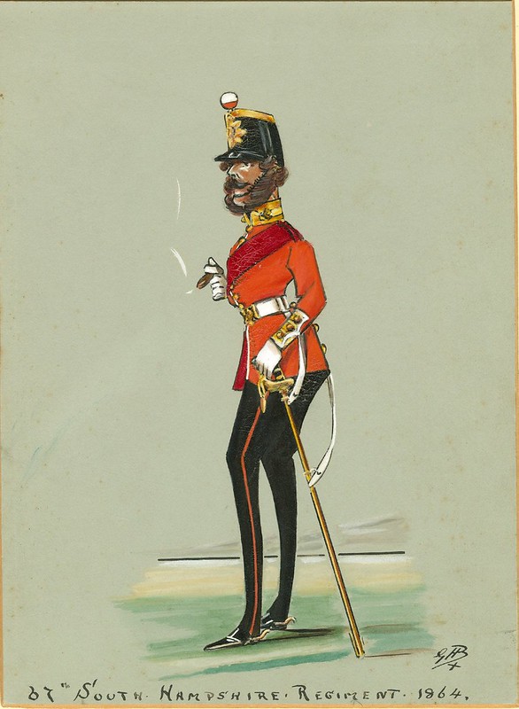 caricature of 1860s English foot infantryman with mutton chop sideburns