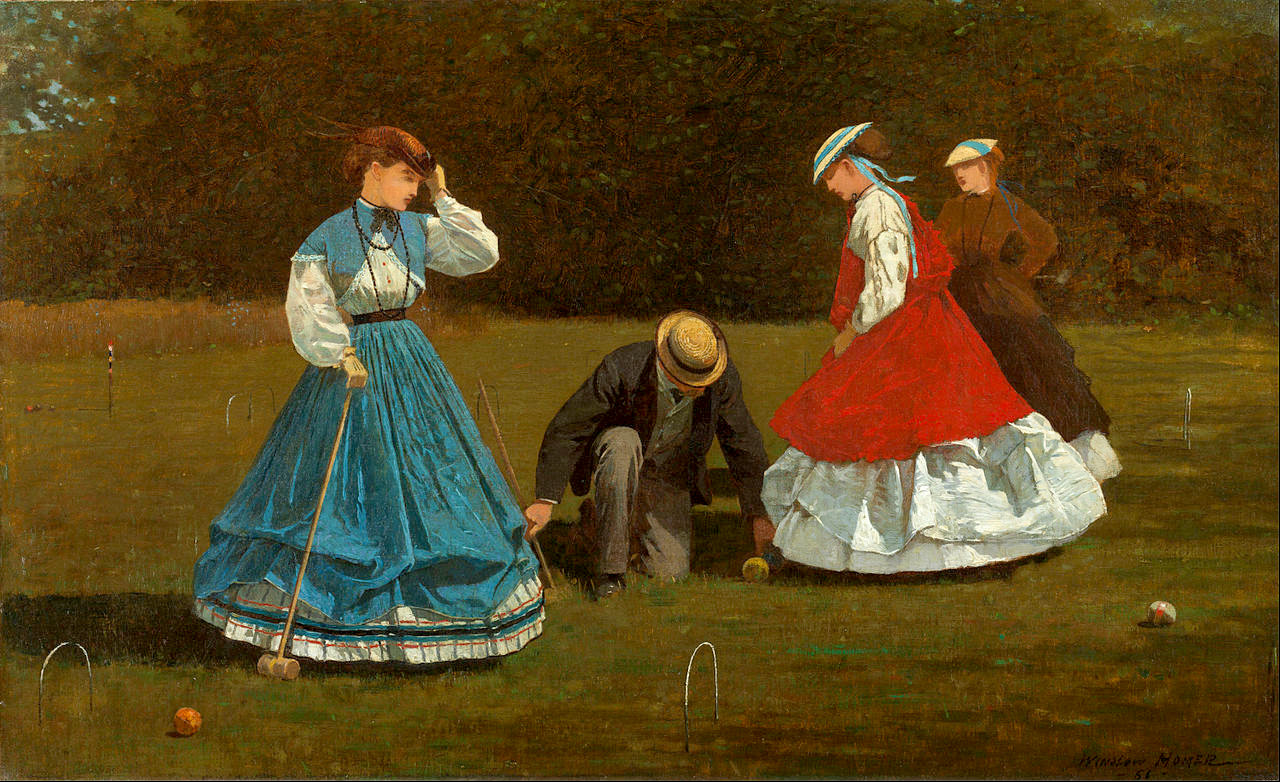 Croquet players of 1864 loop their skirts up from floor-length over hooped petticoats. Croquet Scene by Winslow Homer, 1864