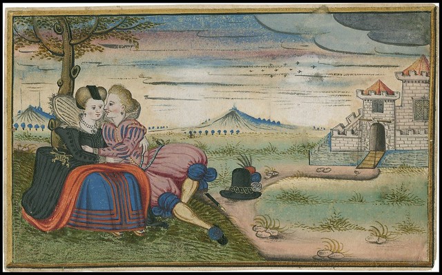 two lovers from 1620s sitting under a tree