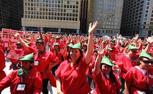 Thousands of nurses and other workers demonstrated in downtown Chicago on May 18, 2012 leading up to the NATO Summit. Thousands more will march and rally on Sunday against war and austerity. by Pan-African News Wire File Photos