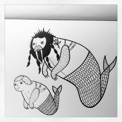 That merboy was raised by that trippy long toothed merman with dung spikes in his hair. #sketchbook by Michael C. Hsiung