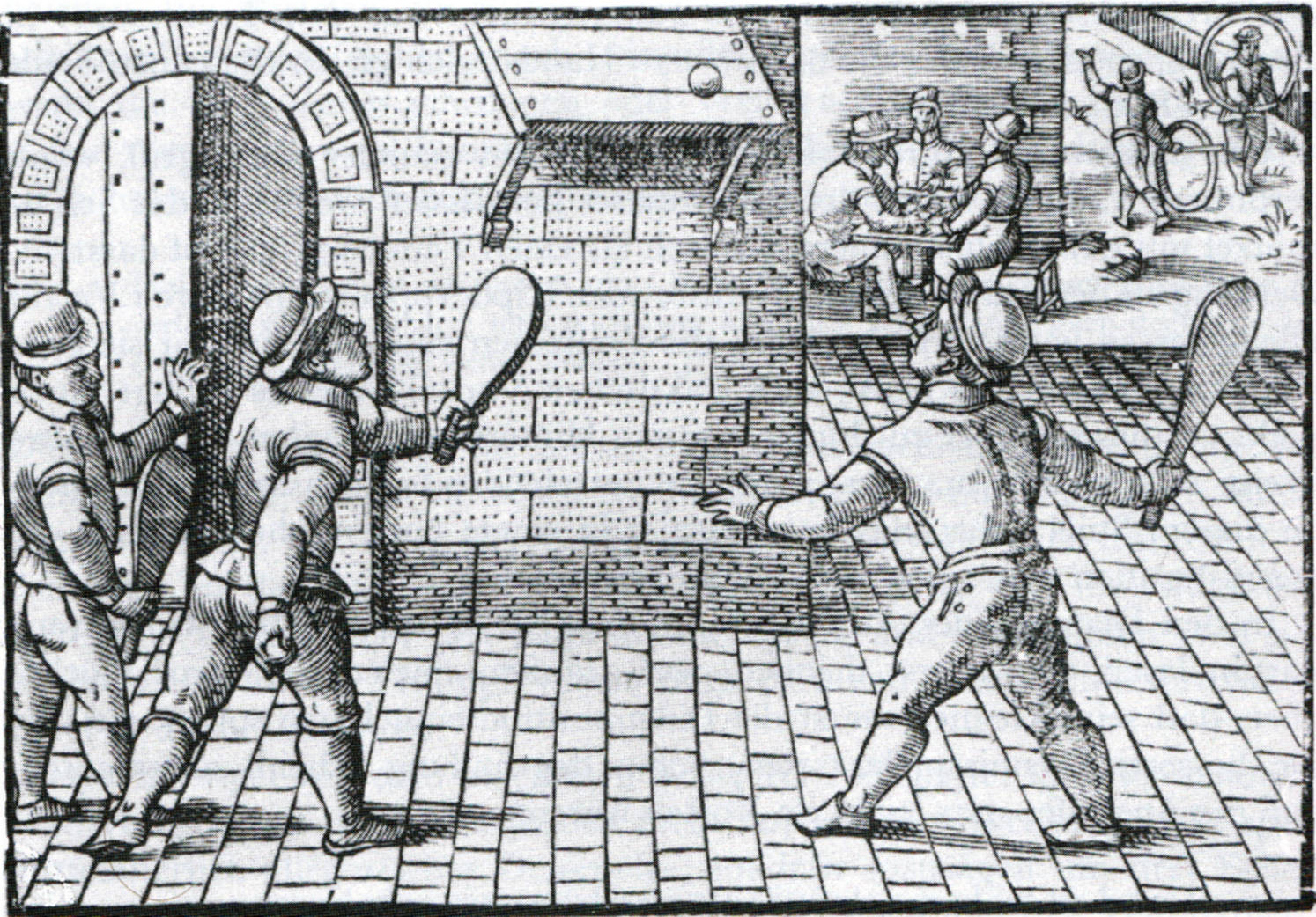 Copper engraving of a game of Tennis in France, in the 16. century. From the series "Children games". Bibliothèque Nationale, Cabinet des Estampes, Paris.