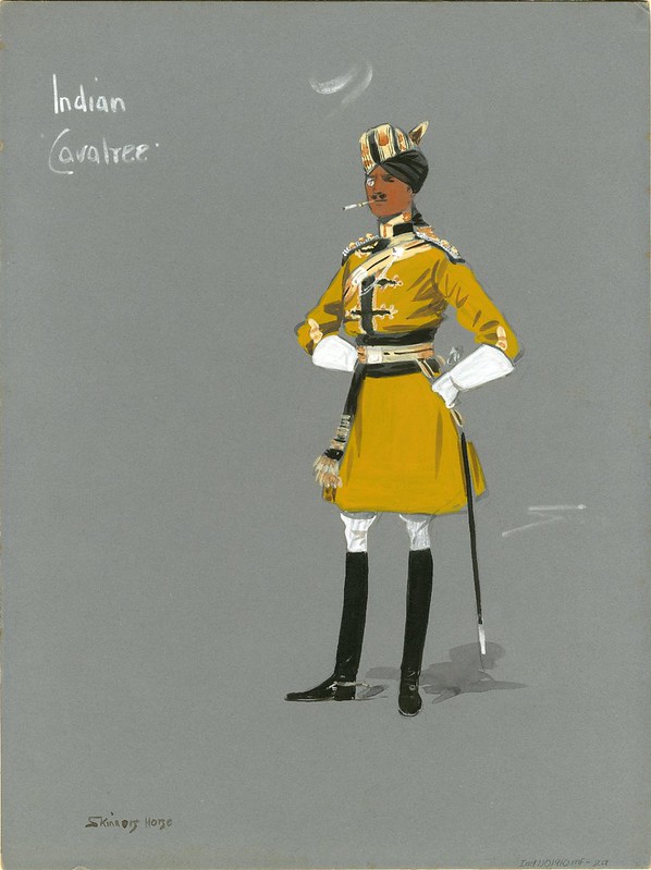 watercolour sketch of Indian soldier in gold uniform & monocle