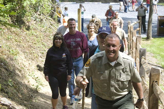 An enthusiastic Geoff Hall leads the first guided hike on the new Clyburn Hollow Trail at Hungry Mother State Park for the 2012 National Trails Day