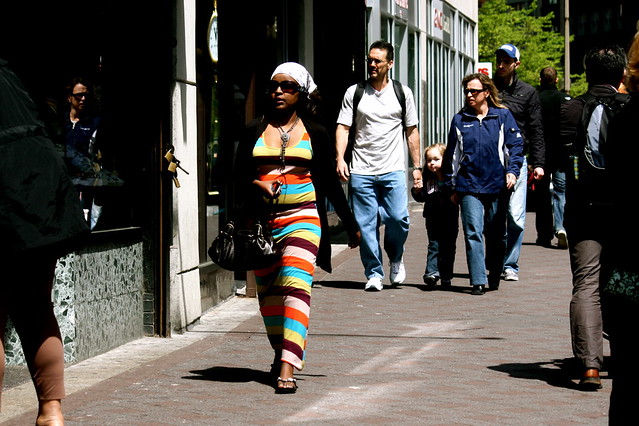 boston downtown crossing woman in striped dress