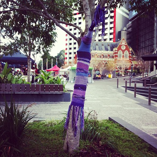 Another tree yarn bombed in King George Square @BrisStyle Craft Caravan
