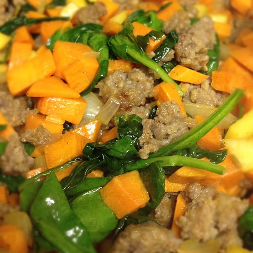 Sweet potato, apple, spinach and sausage hash for breakfast. #paleo