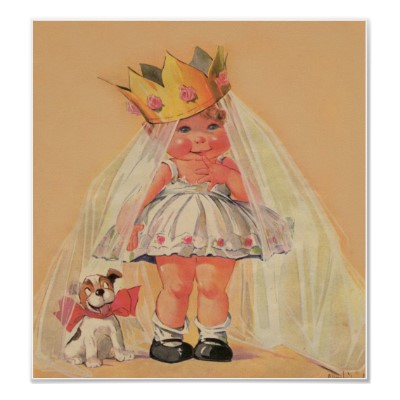 old-timey illustration of a chubby baby in a wedding dress