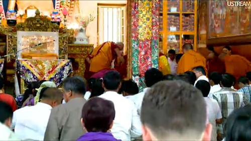 Departing, everyone stands in honor, His Holiness the Great 14th Dalai Lama, teaching live over the Internet Introductory Buddhist Teachings, Tibetan Buddhist monk, ornate symbolic throne, Tibetan Temple, Dharamsala, India by Wonderlane