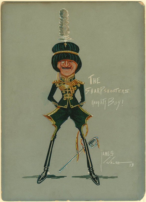 drawing of cartoon character soldier in green uniform, monocle & feathered hat