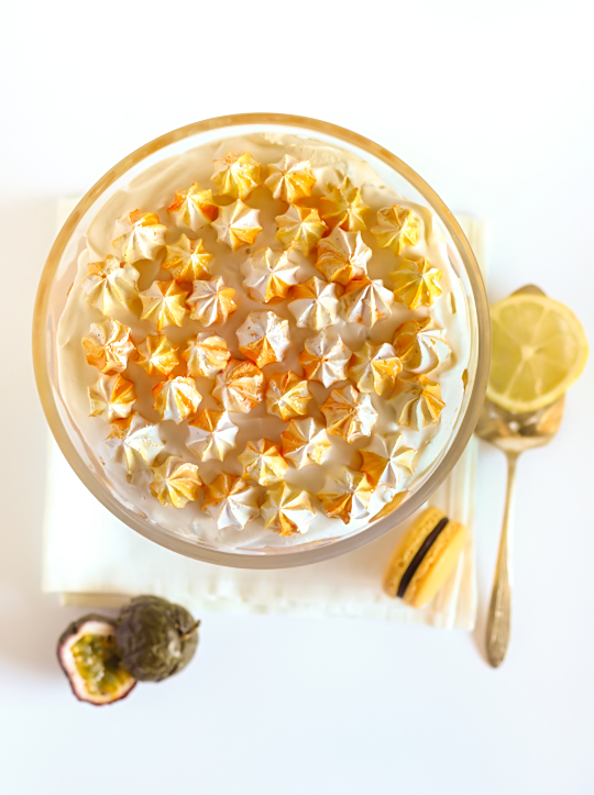 Passionfruit & Lemon Trifle with Macarons
