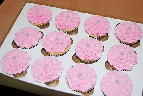 pink ruffle cupcake with silver pearl center