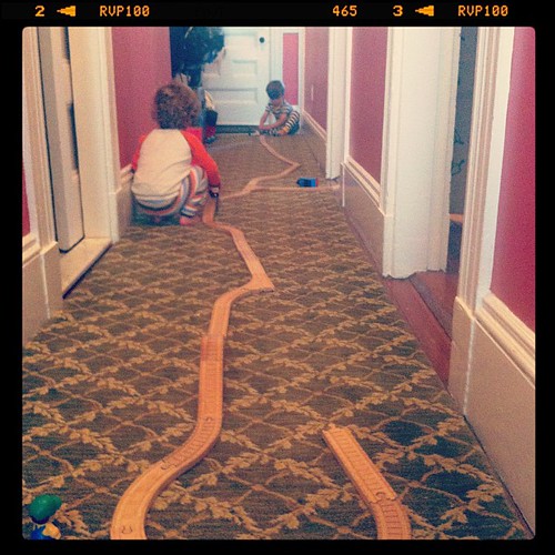 Train track in our hallway...pj's still on...coffee in hand...boys playing together...life is sweet