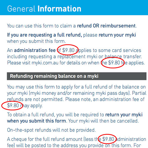 Myki refund form - still mentions $9.80 fee (that was abolished in January)