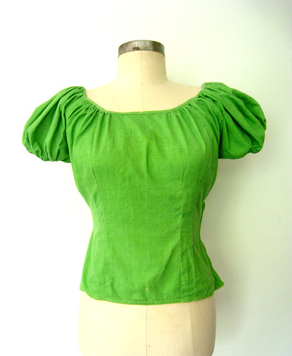 Lucky Bright Green Puff Sleeve Senorita Blouse, vintage 50s