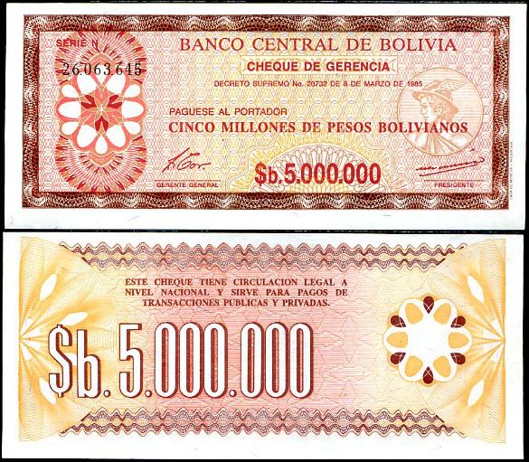 5 000 000 Pesos Bolivianos Bolívia 1985, Pick 193