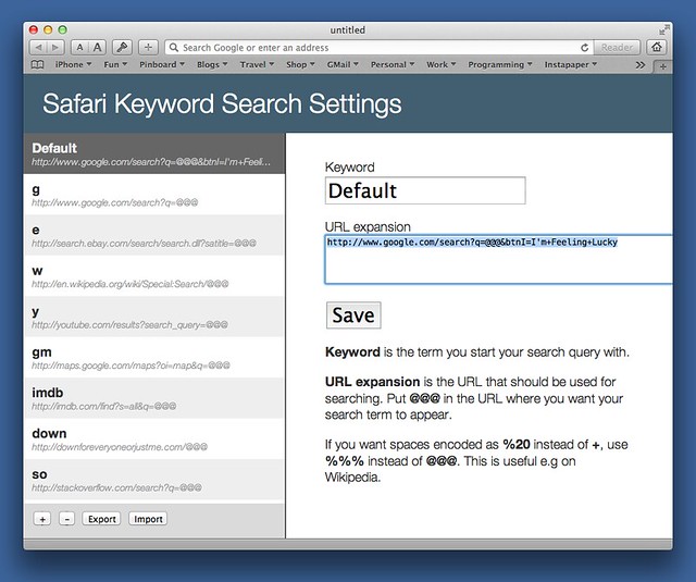 Safari Keyword Search settings