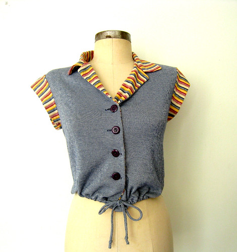Striped Knit Jersey Drawstring Cropped Top, vintage 70s