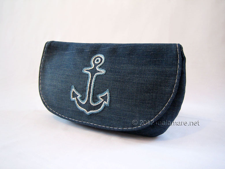 upcycled blue jeans clutch bag with hand embroidered anchor sea