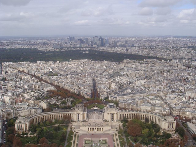 Place du Trocadero and the skyscrapers of La Defence in the background, panoramic view from the top of the Eiffel Tower, Paris