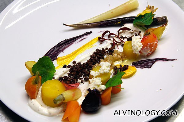 My version of the Salad or heirloom carrots with goats' curd, hazelnut and cocoa