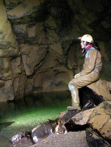 robin contemplates sump 1 Fergus River Cave by Clare Caving Club
