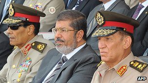 Dr. Mohamed Morsi, the president of Egypt, seating alongside top Egyptian military officials, Field Marshal Tantawi on his right and Chief Gen. Sami Enan. The two political forces are adjusting to the outcome of the national elections. by Pan-African News Wire File Photos