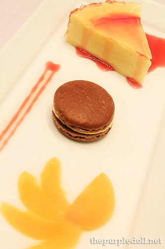 A Trio of Cheese Cake, Chocolate Macaron and Chilled Orange Compote