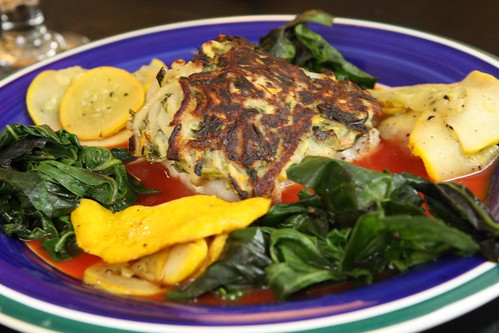Zucchini Crusted Cod with Tomato Reduction, Sauteed Zucchini, and Wilted Garlic Spinach