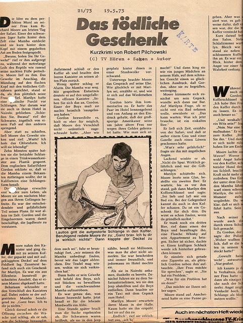 Robert Pilchowski: Das tdliche Geschenk, in: TV Hren und Sehen 21/73 vom 19.5.1973