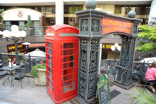 Entrance to the Elephant and Castle, pub & restaurant, red British phone box, arch, Red Lion Hotel, Seattle, Washington, USA by Wonderlane