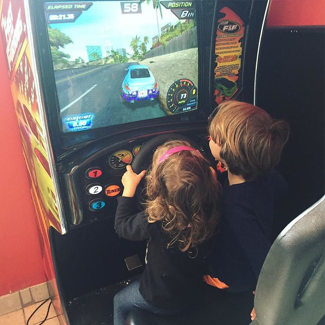 Took the kids to see the Jungle Book (great!) and stopped for one arcade game after. Jameson did the gas pedal for Coraline.