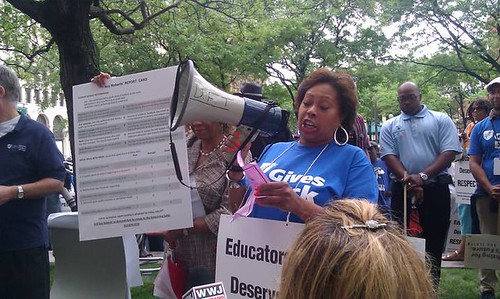 Detroit Federation of Teachers (DFT) Vice President speaks to hundreds of teachers outside the headquarters of the Emergency Manager for the school district. The teachers were protesting the imposition of a draconian contract. (Photo: Abayomi Azikiwe) by Pan-African News Wire File Photos