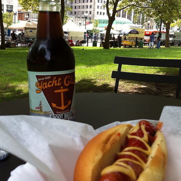 Hot dog and root beer at Burnside.