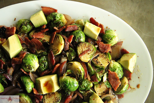 Brussles Sprouts with Red Onion, Bacon and Avocado