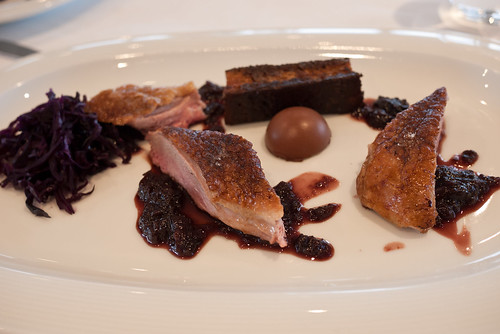 Roast duck, chocolate coated foie gras, red cabbage kimchi and cherry chutney at The Source, Mona