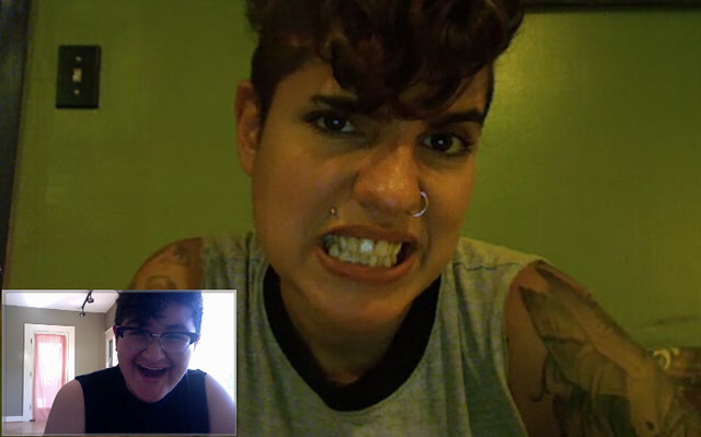 a video chat with cristy road and devyn manibo. cristy is making a toothy face and devyn is smiling wide.