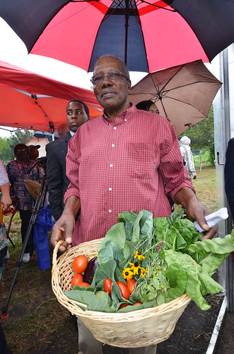 Avon Standard shows the produce grown in his season high tunnel in Cleveland.