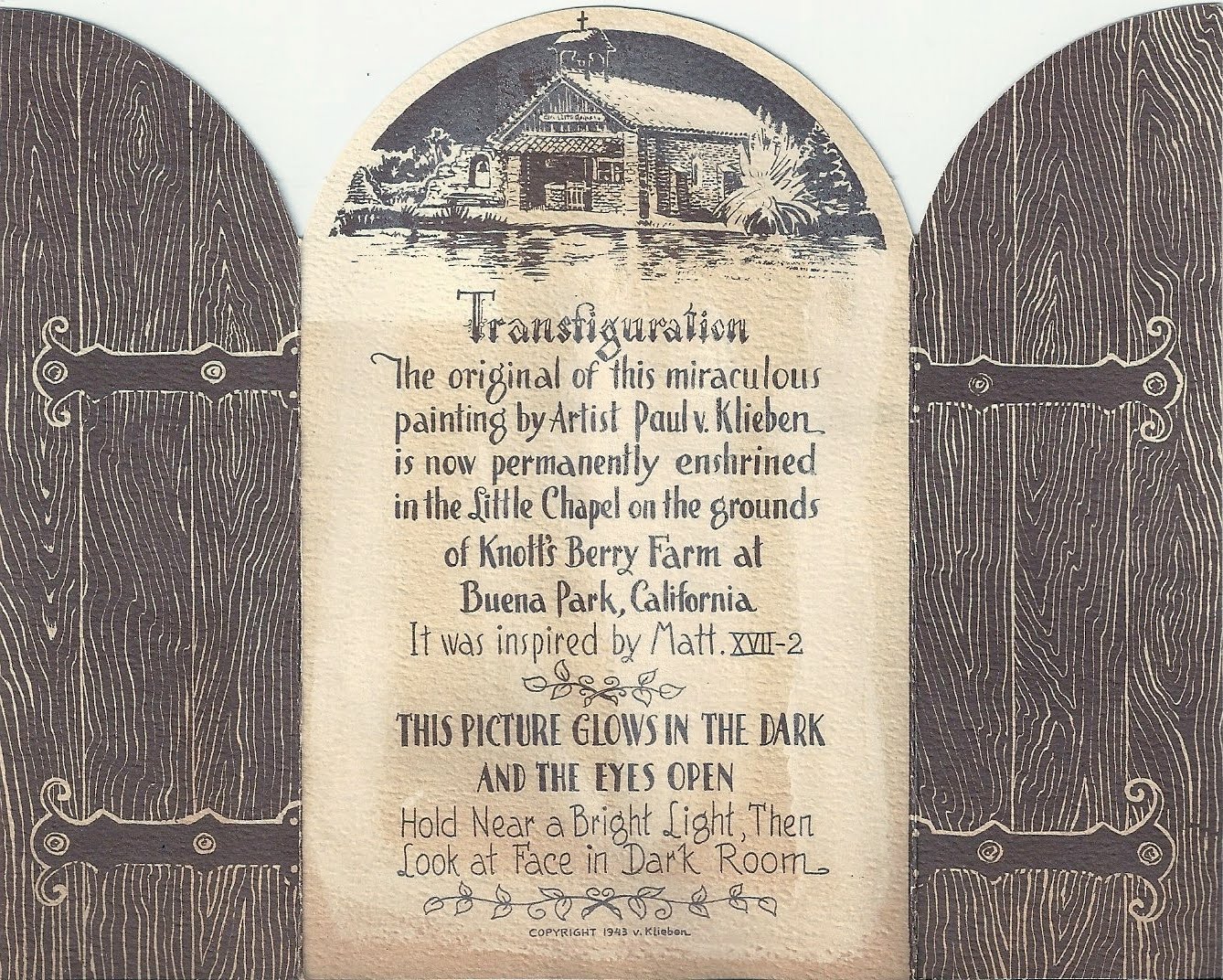 Transfiguration (back), Glow-in-the-dark souvenir from Our Little Chapel by the Lake, Reflection Lake, Knott's Berry Farm, Buena Park, California, 1943