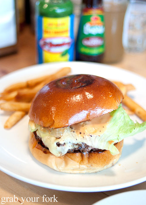 beef hamburger at pearl's diner, felixstowe, adelaide