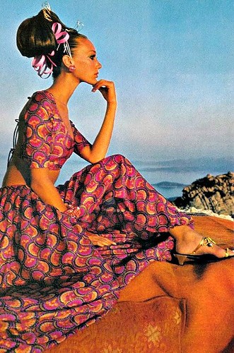 Marisa in a harem dress by Savita, photo by Henry Clarke in Sardinia for Vogue, 1968