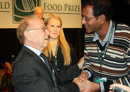 Dr. Daniel Hillel (left), winner of the 2012 World Food Prize for his pioneering work in micro-irrigation, greets Dr. Rajashekhara Rao Korada, a Borlaug Fellow from India, after the World Food Prize ceremony last month. Dr. Korada was one of 38 Borlaug Fellows from 18 countries who attended the annual Borlaug International Symposium and World Food Prize event Oct. 17-19. Since 2006, the Foreign Agricultural Service (FAS) has invited fellows to the event to meet current and former World Food Prize Laureates and to learn about critical agricultural issues facing our world today. (Courtesy Photo) 
