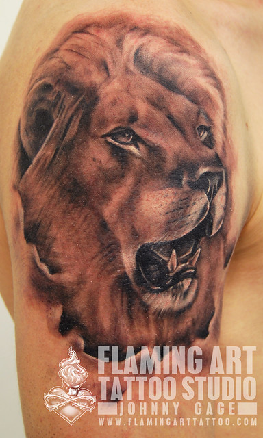 Lion sleeve start tattoo Tattooed by Johnny Gage at Flaming Art Tattoo